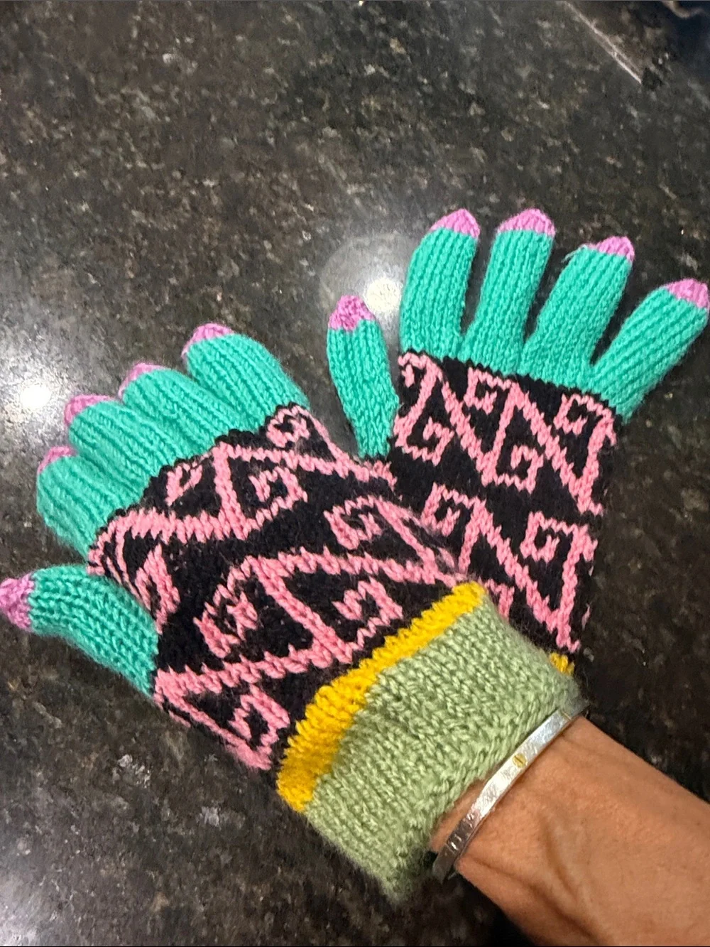 Colorful Patterned Knit Gloves - Pink & Green Adult-sized